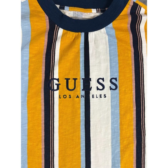 Vintage GUESS Originals Striped T-Shirt‎ Mens Small Yellow Blue White Spell out - Picture 2 of 8